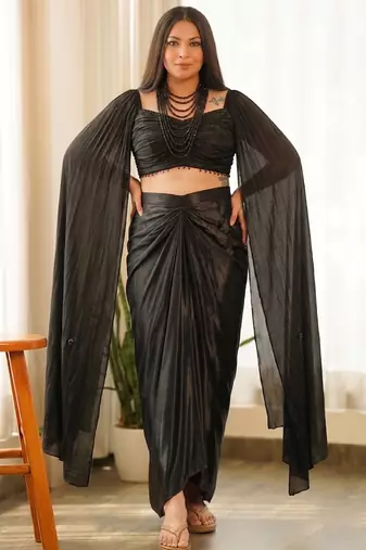 Black beads chinon silk indo western suit