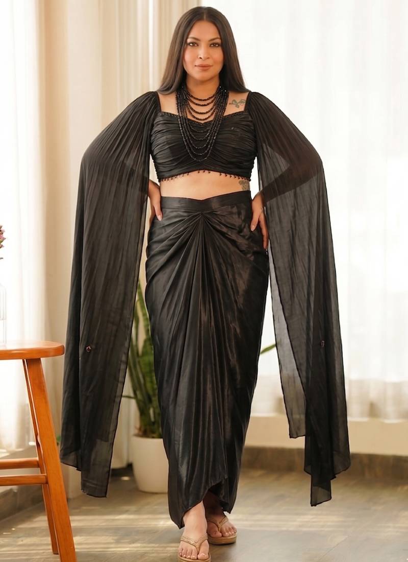 Black beads chinon silk indo western suit