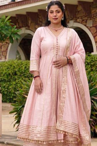 Beby-pink gota cotton silk anarkali suit