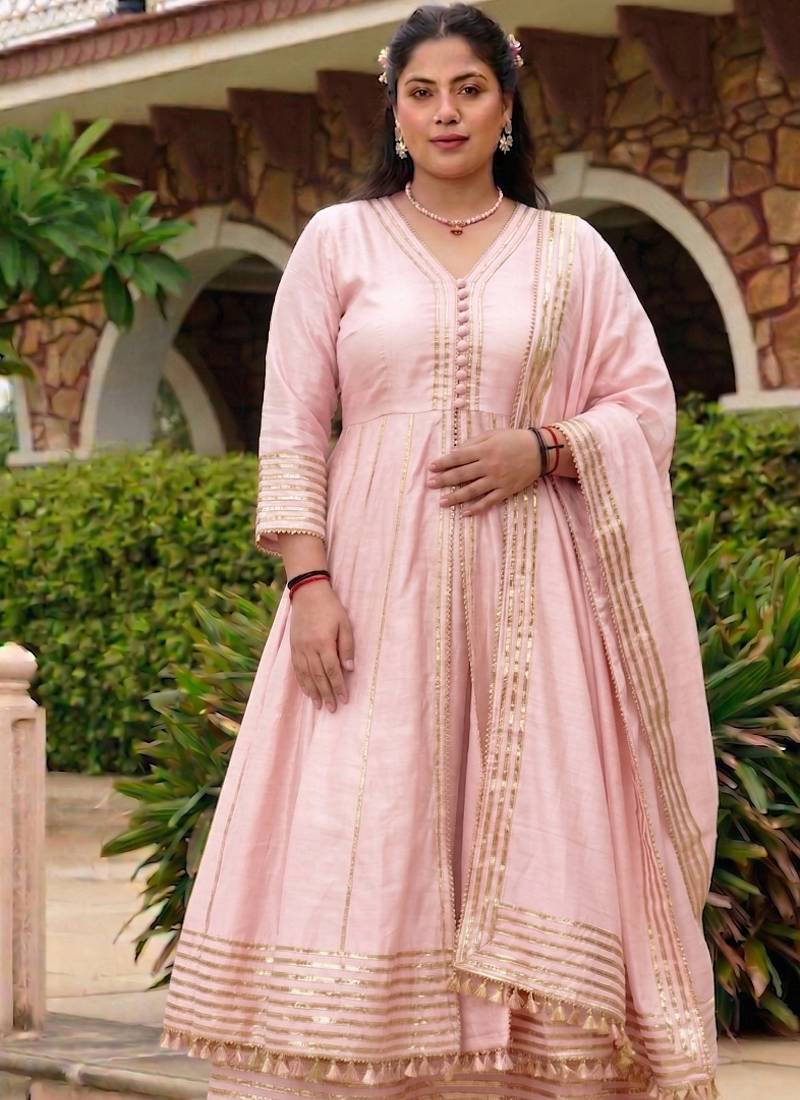 Beby-pink gota cotton silk anarkali suit