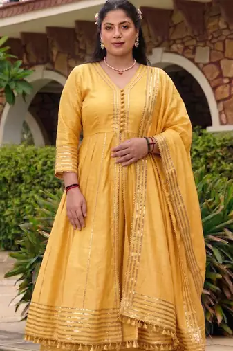 Iight-yellow gota cotton silk anarkali suit