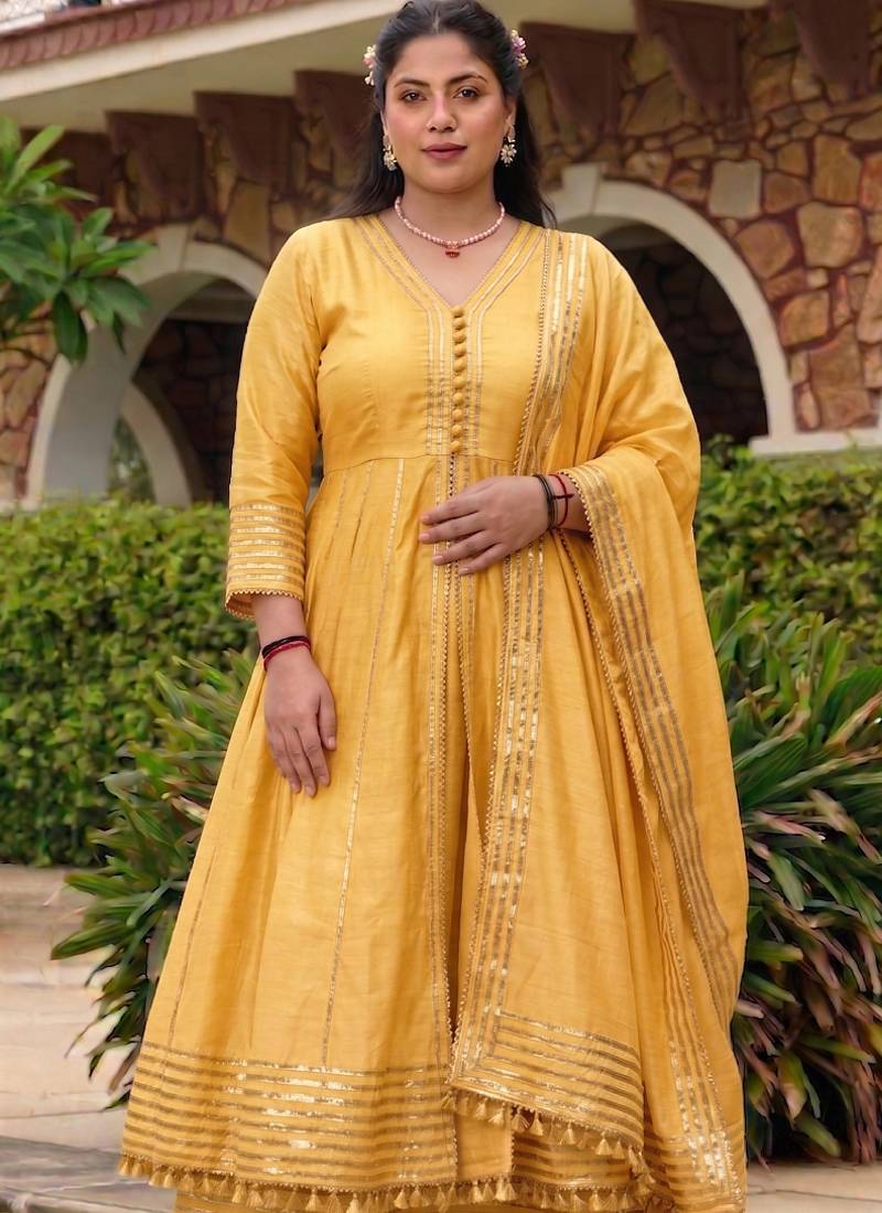Iight-yellow gota cotton silk anarkali suit