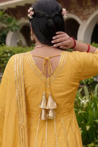 Iight-yellow gota cotton silk anarkali suit