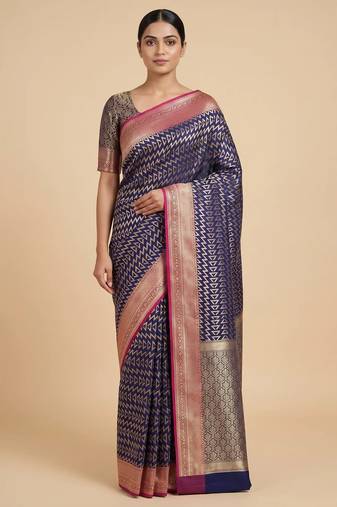 Banarasi semi silk saree in navy blue colour with zig-zag  work