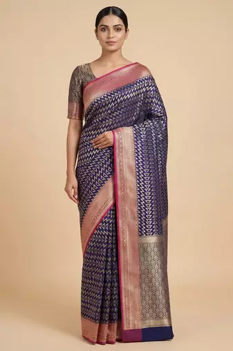 Banarasi semi silk saree in navy blue colour with zig-zag  work