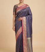 Banarasi semi silk saree in navy blue colour with zig-zag  work