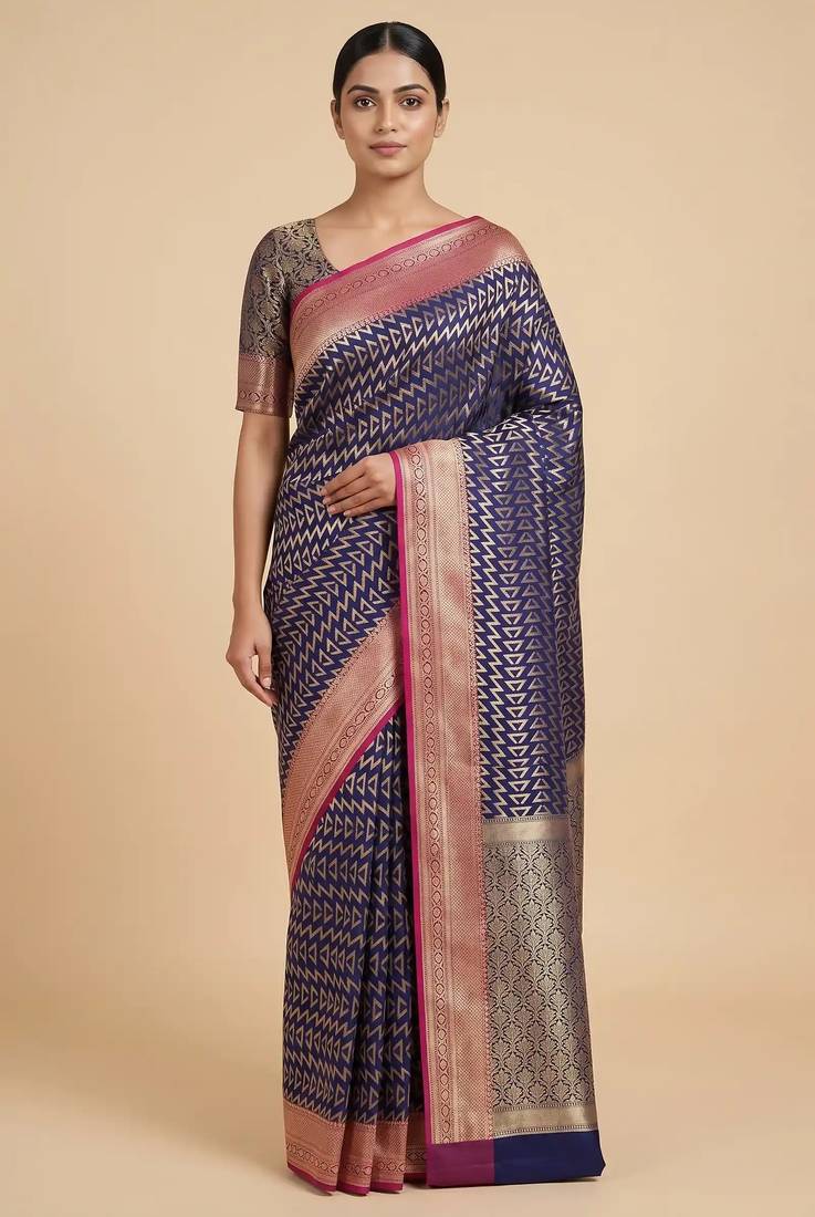 Banarasi semi silk saree in navy blue colour with zig-zag  work