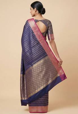 Banarasi semi silk saree in navy blue colour with zig-zag  work 2
