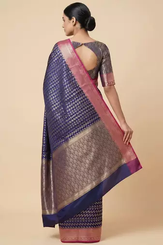Banarasi semi silk saree in navy blue colour with zig-zag  work
