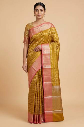 Banarasi semi silk saree in mustard colour with zig-zag  work