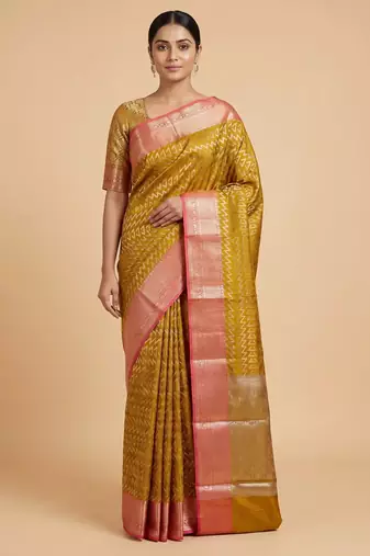 Banarasi semi silk saree in mustard colour with zig-zag  work