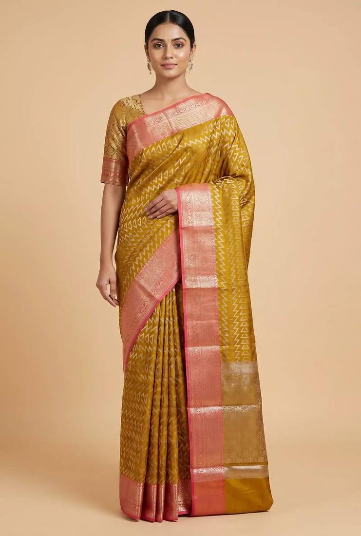 Banarasi semi silk saree in mustard colour with zig-zag  work