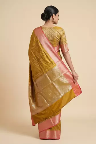 Banarasi semi silk saree in mustard colour with zig-zag  work