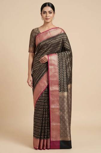Banarasi semi silk saree in black colour with zig-zag  work