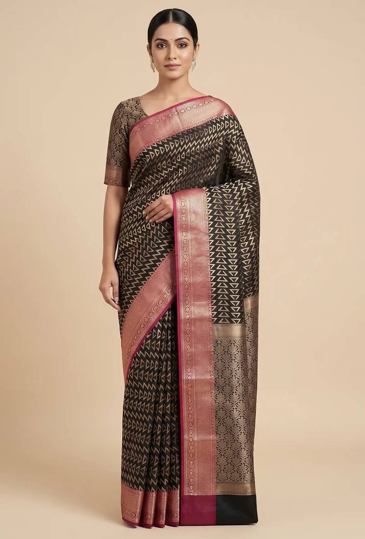 Banarasi semi silk saree in black colour with zig-zag  work
