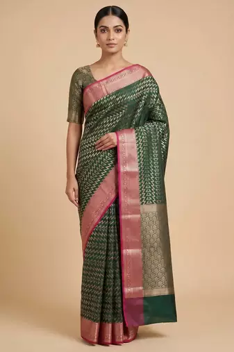 Banarasi semi silk saree in bottle green colour with zig-zag  work