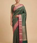 Banarasi semi silk saree in bottle green colour with zig-zag  work