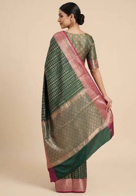 Banarasi semi silk saree in bottle green colour with zig-zag  work 2