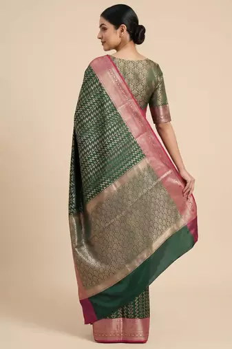Banarasi semi silk saree in bottle green colour with zig-zag  work