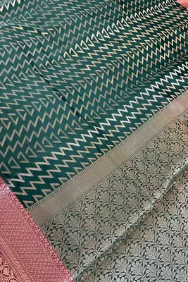 Banarasi semi silk saree in bottle green colour with zig-zag  work 4