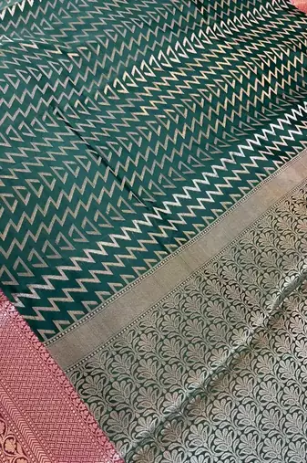 Banarasi semi silk saree in bottle green colour with zig-zag  work