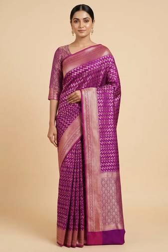 Banarasi semi silk saree in magenta colour with zig-zag  work