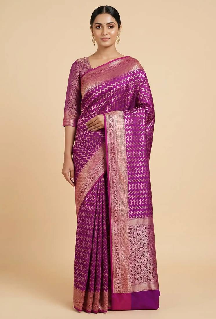 Banarasi semi silk saree in magenta colour with zig-zag  work
