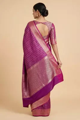 Banarasi semi silk saree in magenta colour with zig-zag  work 2
