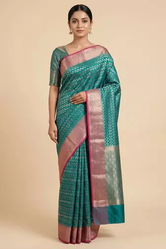 Banarasi semi silk saree in turquoise colour with zig-zag  work