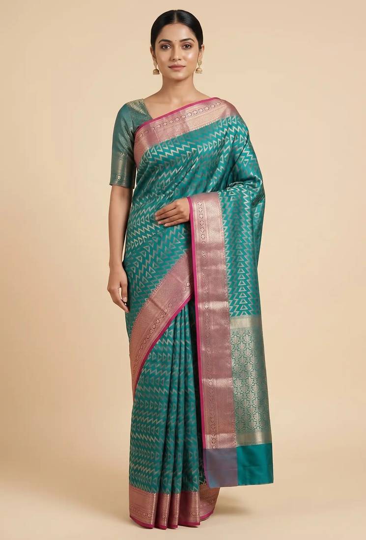 Banarasi semi silk saree in turquoise colour with zig-zag  work