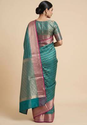 Banarasi semi silk saree in turquoise colour with zig-zag  work 2