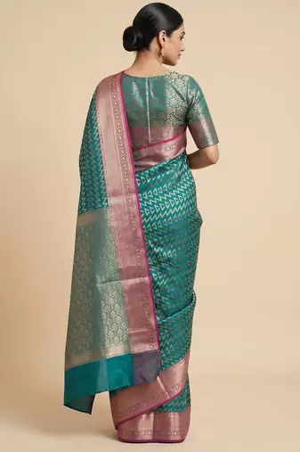 Banarasi semi silk saree in turquoise colour with zig-zag  work