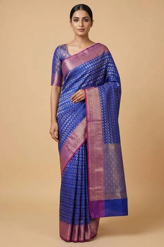 Banarasi semi silk saree in royal blue colour with zig-zag  work