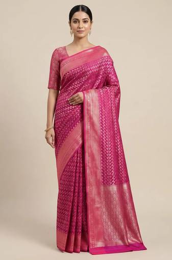 Banarasi semi silk saree in rani pink colour with zig-zag  work