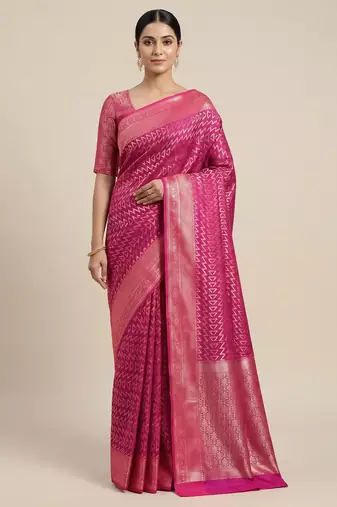 Banarasi semi silk saree in rani pink colour with zig-zag  work