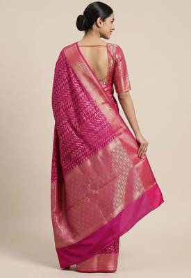 Banarasi semi silk saree in rani pink colour with zig-zag  work 2