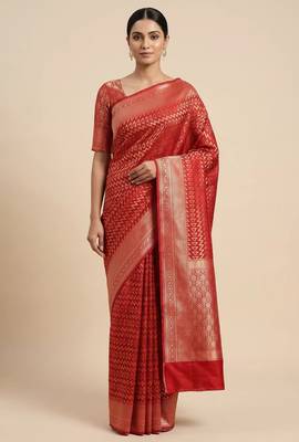 Banarasi semi silk saree in red colour with zig-zag  work 1