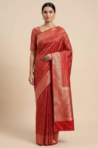 Banarasi semi silk saree in red colour with zig-zag  work