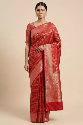 Banarasi semi silk saree in red colour with zig-zag  work