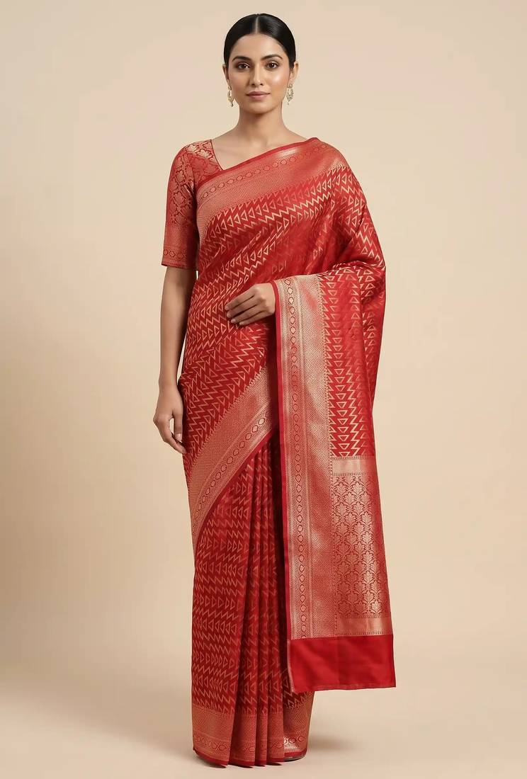 Banarasi semi silk saree in red colour with zig-zag  work