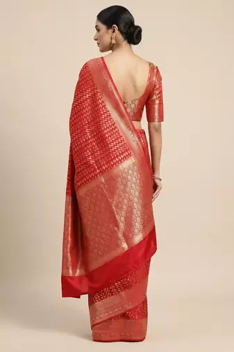 Banarasi semi silk saree in red colour with zig-zag  work