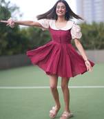 Maroon vintage pure cotton mini dress with ruffeled peach coloured sleeves
