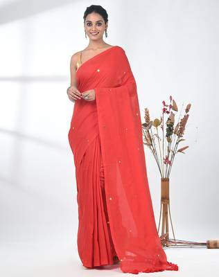 Elegant red cotton handspun saree with sequin embellishments and pom pom 1