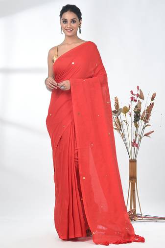 Elegant red cotton handspun saree with sequin embellishments and pom pom