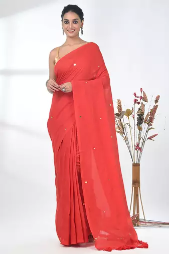 Elegant red cotton handspun saree with sequin embellishments and pom pom