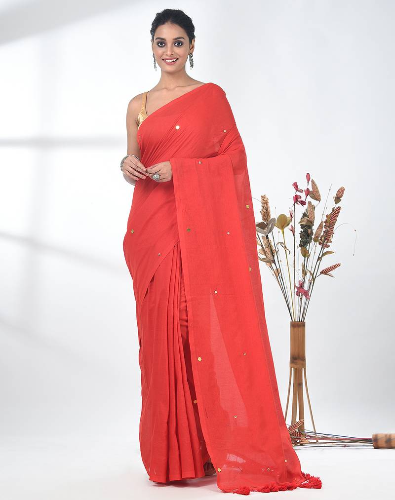 Elegant red cotton handspun saree with sequin embellishments and pom pom