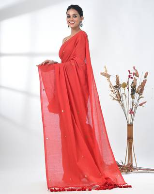 Elegant red cotton handspun saree with sequin embellishments and pom pom 2