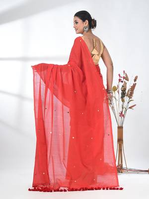 Elegant red cotton handspun saree with sequin embellishments and pom pom 3