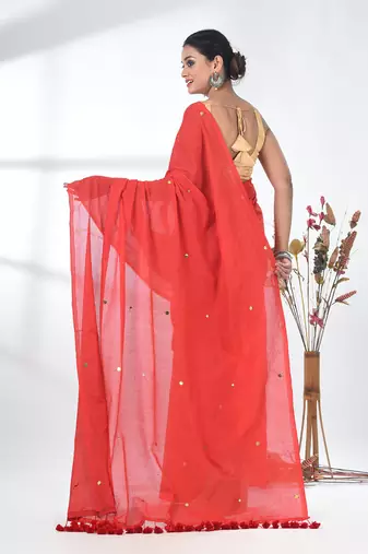 Elegant red cotton handspun saree with sequin embellishments and pom pom