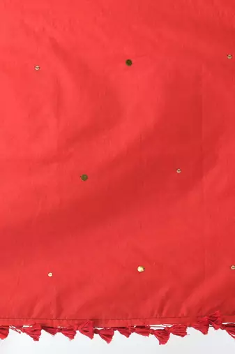 Elegant red cotton handspun saree with sequin embellishments and pom pom
